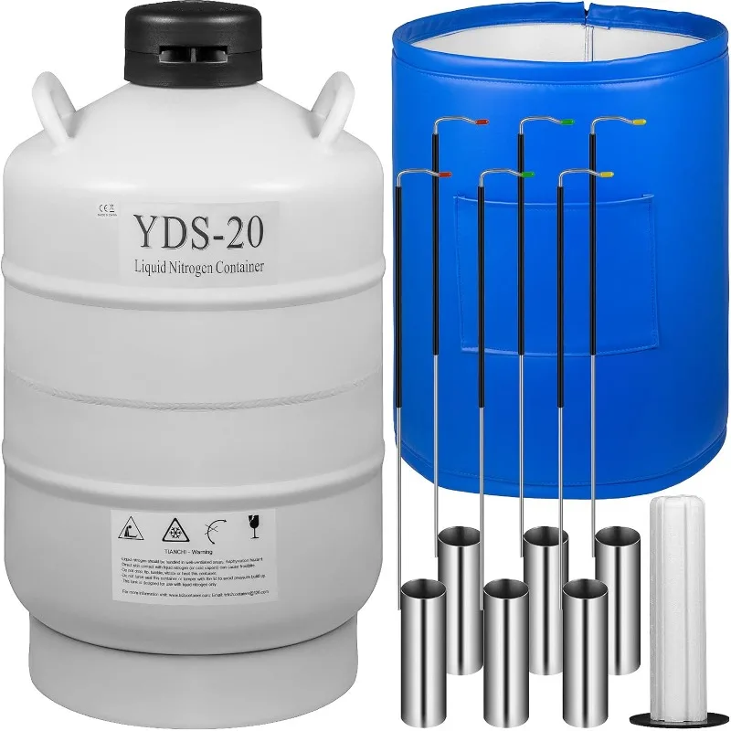 20L Liquid Nitrogen Tank Aluminum Alloy Liquid Nitrogen Dewar Static Cryogenic Container with 6 Canisters and Carry Bag