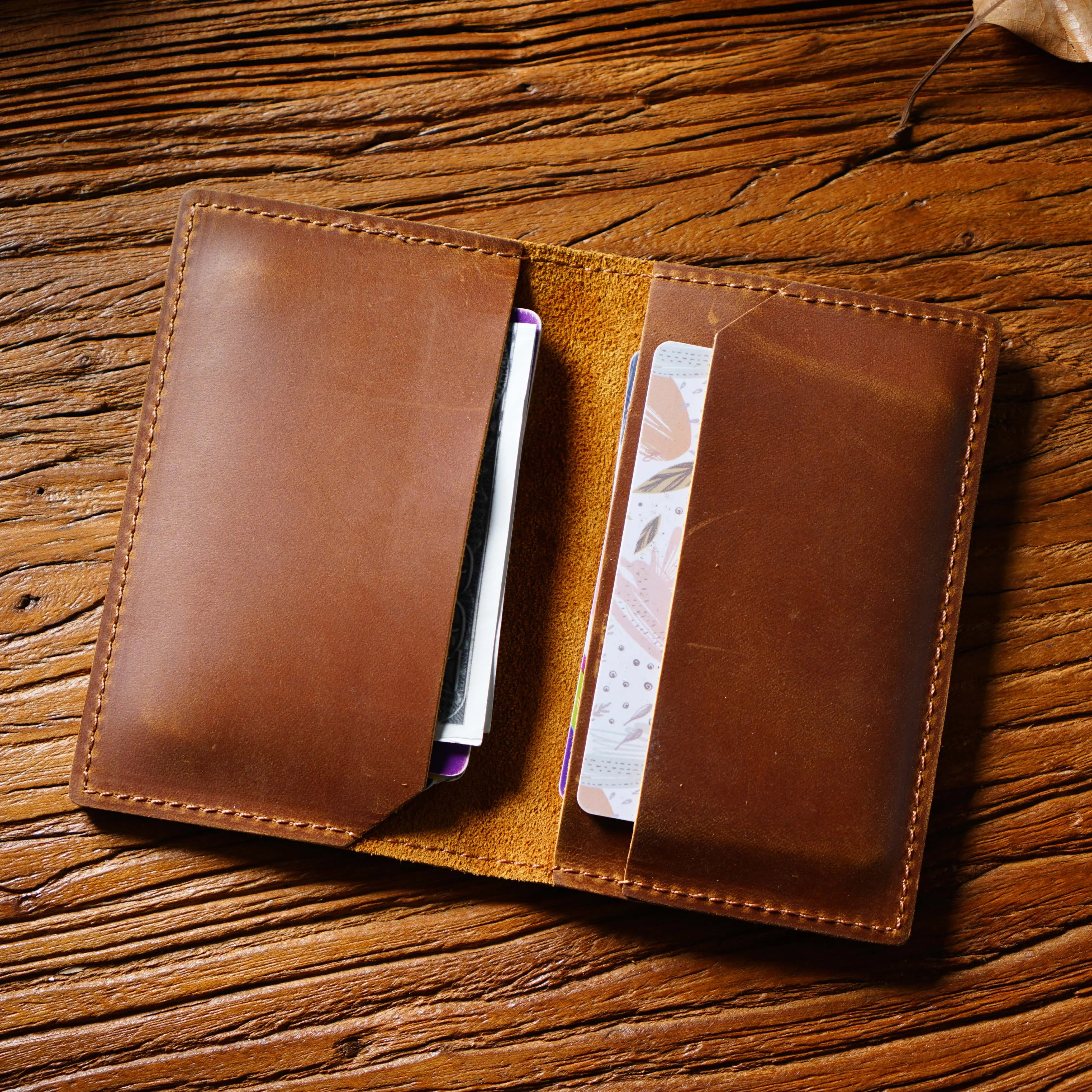 Crazy Horse Leather Wallet-Minimalist Top-Grain Cowhide Card Holder with Stitched Seams for Bank/Membership Cards