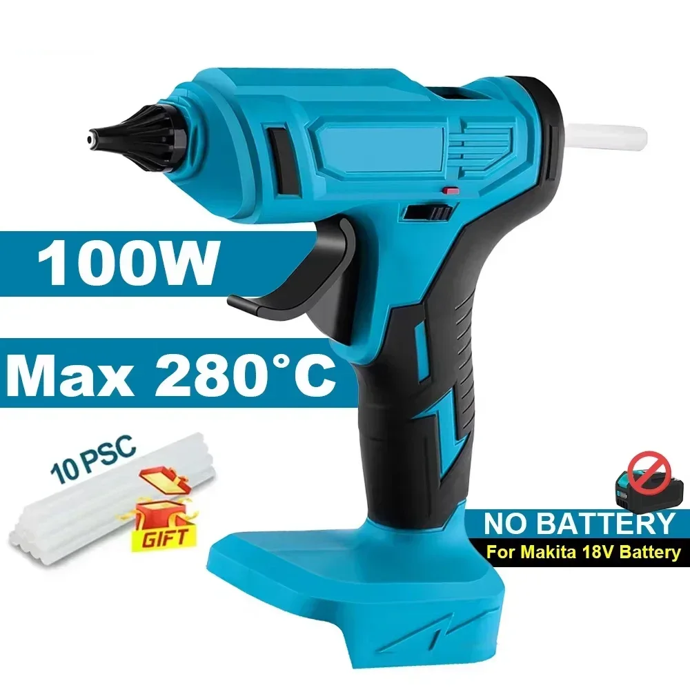 Rechargeable 100W Portable Hot Melt Glue Gun 280&deg;C with 10x 11mm Sticks DIY Repair Tool Compatible with Makita 18V Batteries Hot Melt Glue Gun