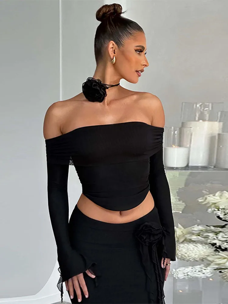 Flower Bodycon Skirt Sets Women Slim Sexy Backless Lace Up Tops Women's Party Elegant Dress 2 Piece Womens Suits Outfits