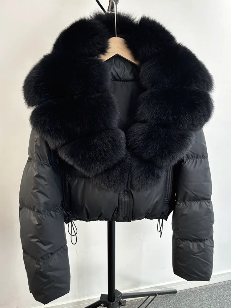 Janveny Large Natural Fox Fur Collar 90% White Duck Down Jacket Women Winter Short Waterproof PU Puffer Coat Female Thick Parkas 5