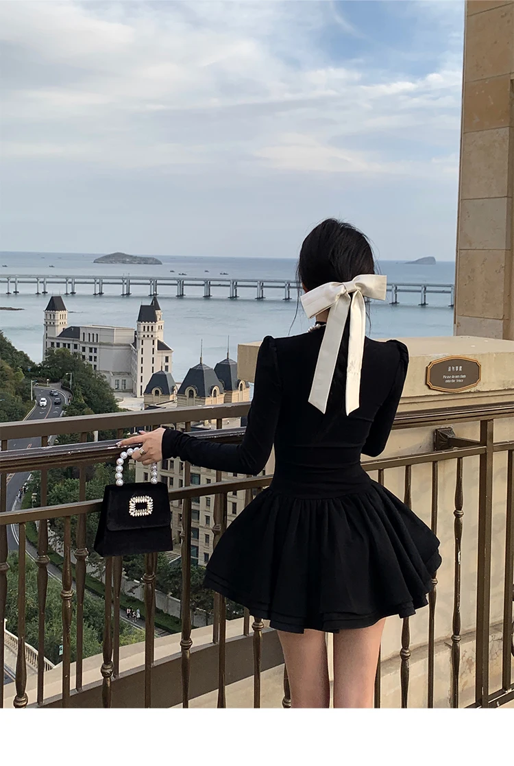 Elegant Solid Knitted Dress Women Long Sleeve Half High Collar A-line Mini Dresses Autumn Winter Birthday Party Vestidos Trend