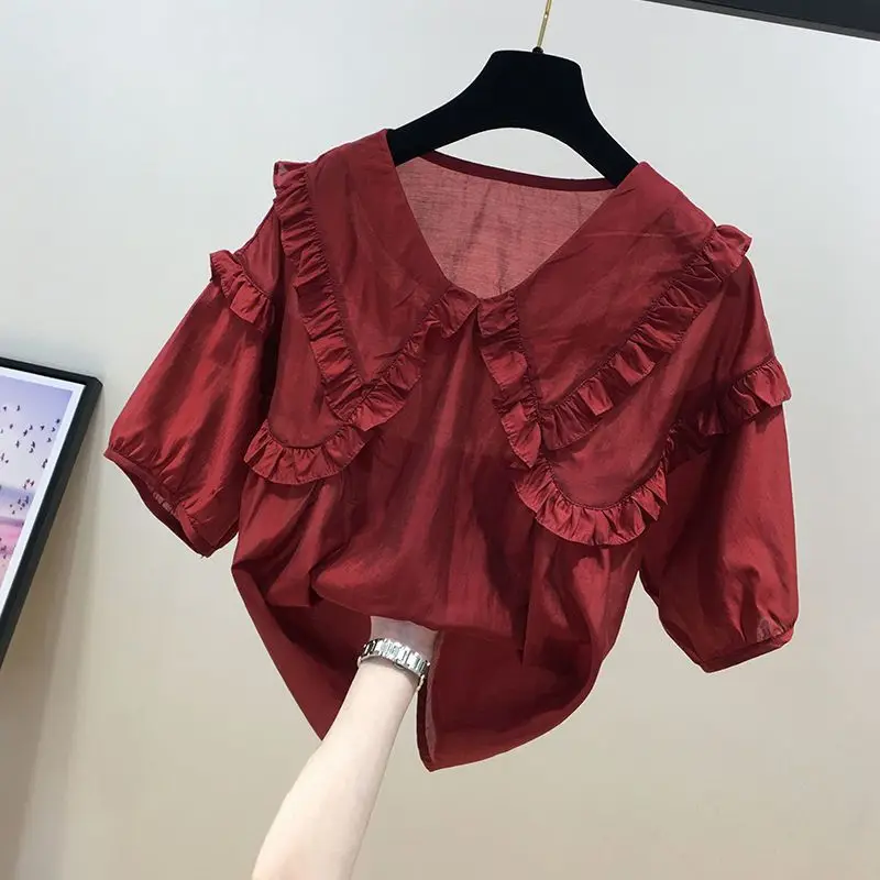 

2024 New Summer Women's Shirt Solid Color Elegant Blouses Short Puff Sleeve Casual Loose Tops Korean Female Shirt Chiffon S211