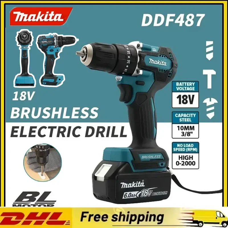 Perceuse à percussion sans fil Makita DDF487 rouge et noire, 18V lithium-ion, haute puissance, visseuse électrique. 1 Perceuse à percussion sans fil Makita DDF487 rouge et noire, 18V lithium-ion, haute puissance, visseuse électrique. 1