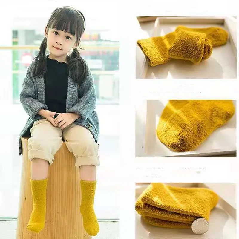 1Pair Winter Sweet Cute Candy Solid Color Soft Warm Thicken Coral Fleece Cotton Baby Middle Tube Socks for Children Boys Girls