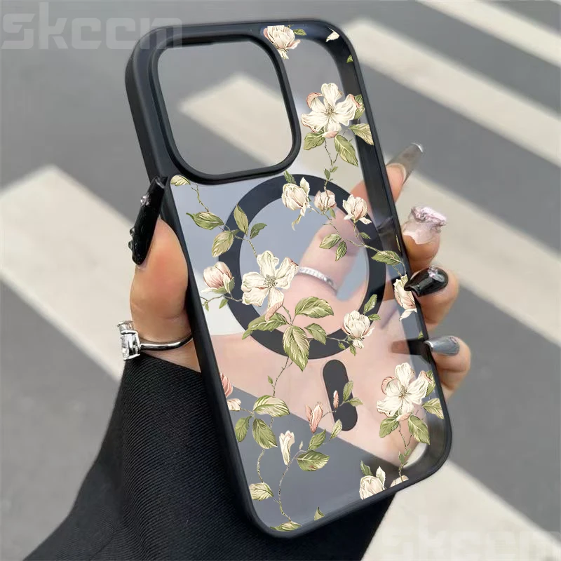 Charming Floral Design Matte Magnetic Clear Phone Case with Wireless Charging Capability