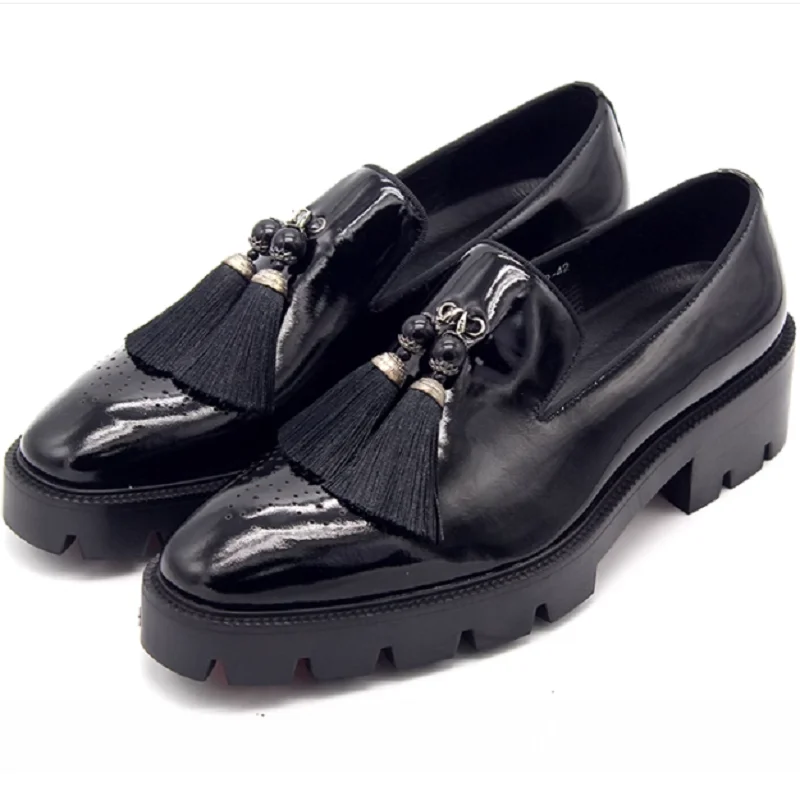 

2024 thick-soled slip-on shoes black heightening exquisite tassel pendant handmade lazy loafers men's formal leather shoes w