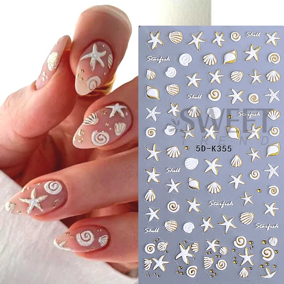 5D Summer Beach Ocean Shells Starfish Nail Stickers Conch Stars Embossed Nail Art Supplies Decals Manicure Charm Decoration DIY