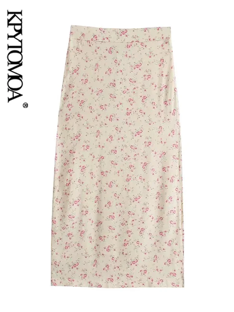 

KPYTOMOA Women Chic Fashion Floral Print Slit Hem Midi Skirt Vintage High Waist Side Zipper Female Skirts Mujer