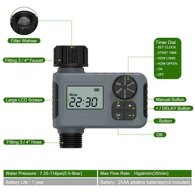 Automatikus Kerti Öntözés Időzítő Nagy Képernyőn Megjelenő Öntözéskézi Akkumulátorral Működtetett Vízálló Digitális - Image 3