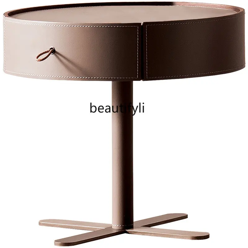 

Italian Minimalist Saddle Leather Bedside Table Designer Modern Minimalist Bedroom round Bedside Table