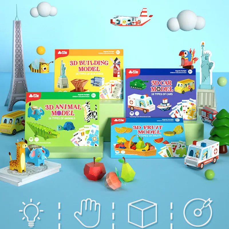 3D Paper Model Colorful Handmade 3D Children Toy Origami Paper Cuttings Diy Geometric Animal Fruits Figure Educationa Puzzle Toys Kids