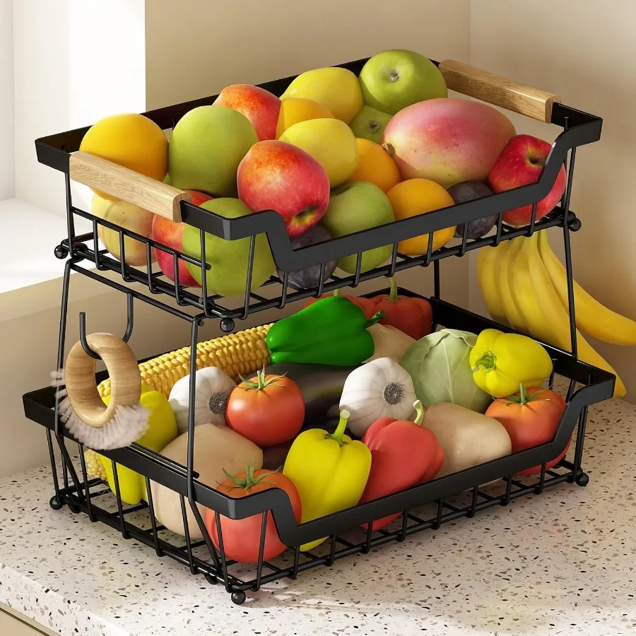2 Tier Countertop Fruit Basket with 2 Banana Hangers for Kitchen Detachable Metal Organizer for Bread Vegetable Fruits with Woo