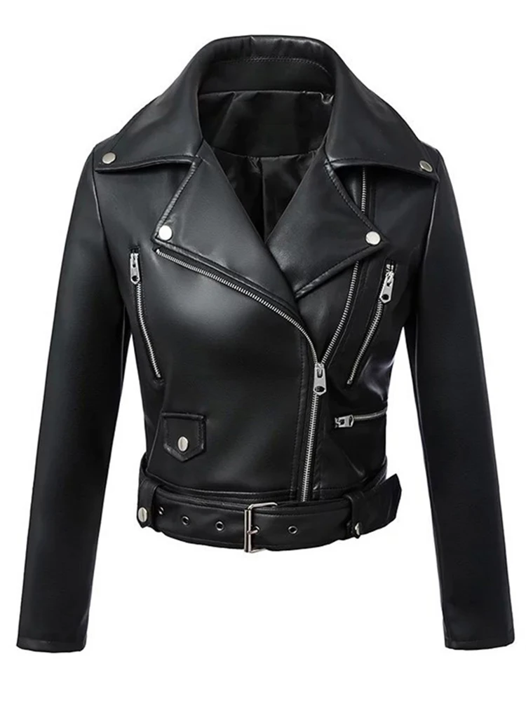 

New Women Autumn Winter Black Faux Leather Jackets Zipper Basic Coat Turn-down Collar Motor Biker Jacket With Belt
