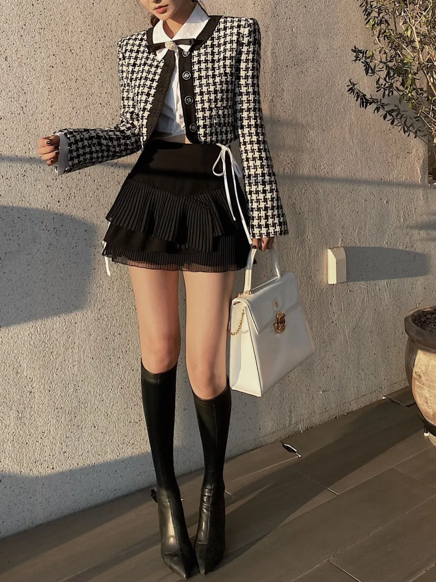 Elegant Cropped Jacket Women French Vintage Single Breasted Long Sleeve O-neck Top Autumn Y2k All-match Houndstooth Coats New