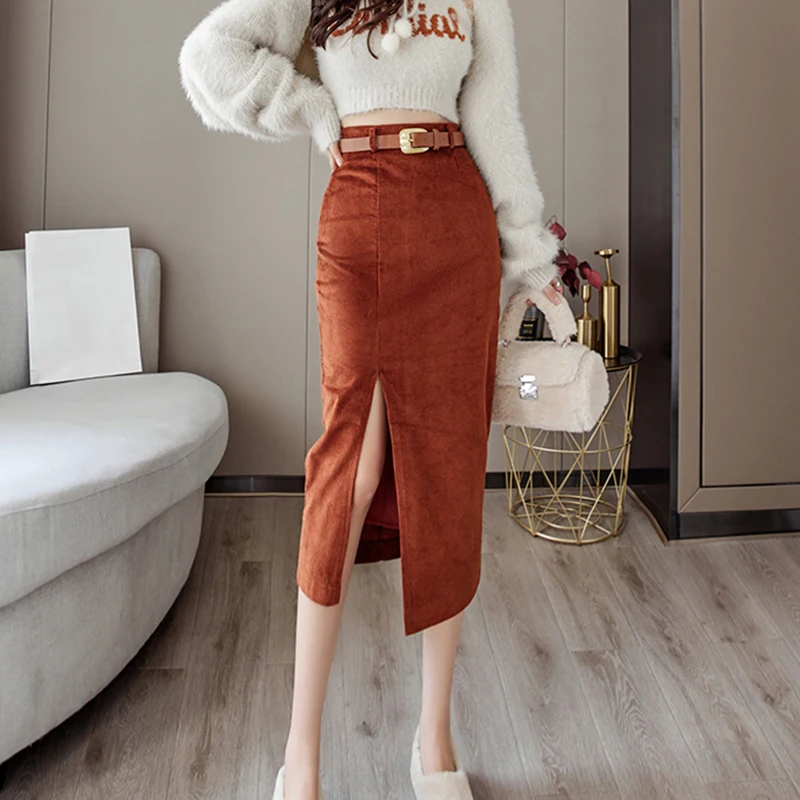 

New 2022 Vintage Women's Skirt With Side Split Midi Skirts A-line High Waist Belted Elegant Korean Fashion Corduroy Winter Skirt