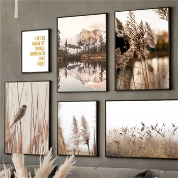 Nordic Lake Landscape Art Canvas Painting Reed Posters Deer Painting Hay Pictures Wall Posters for Home Livingroom Bedroom Decor 1