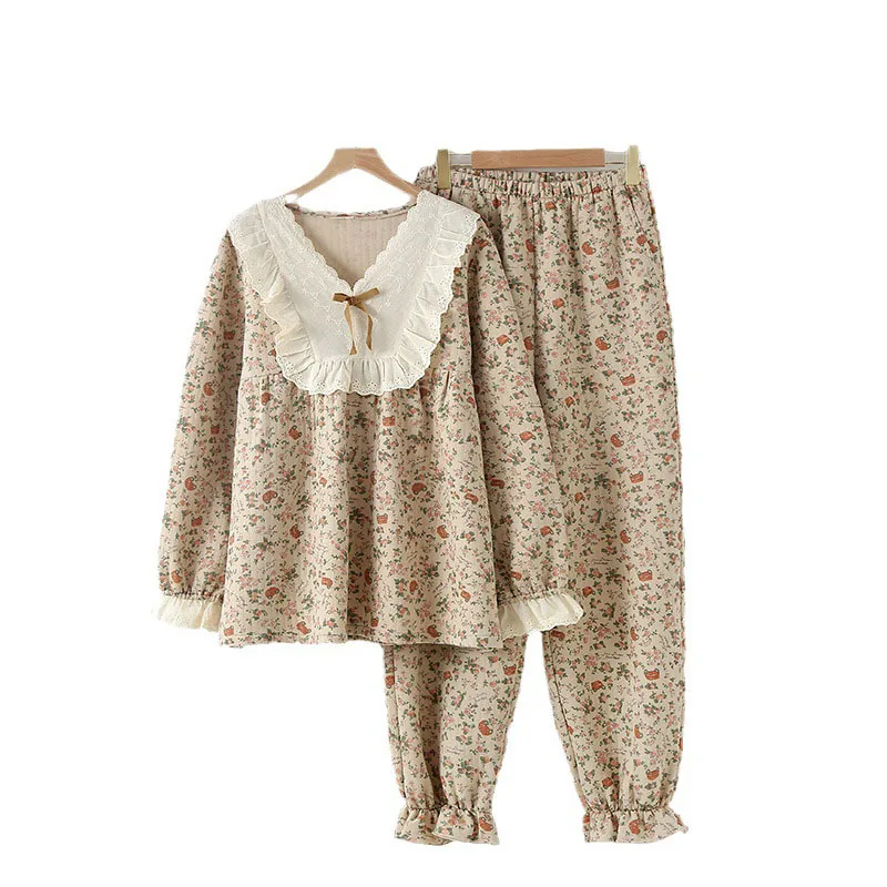 Lace V-Neck Retro Print Women's Pajamas Autumn Puff Long Sleeved Pullover Top+Casual Pants Two-piece Set Ladies Home Sleepwear