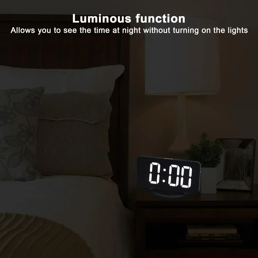 LED Digital Alarm Clock Mirror Surface Light Sensing 3 Adjustable Brightness Clock with Dual USB Ports despertador digital wall clock