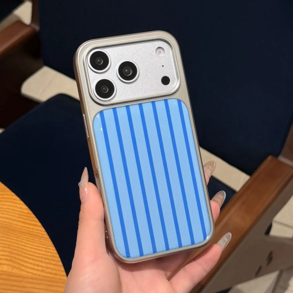 Couple's Striped Pattern Phone Case with Luxury Matte Frame and Glossy Shockproof Protection