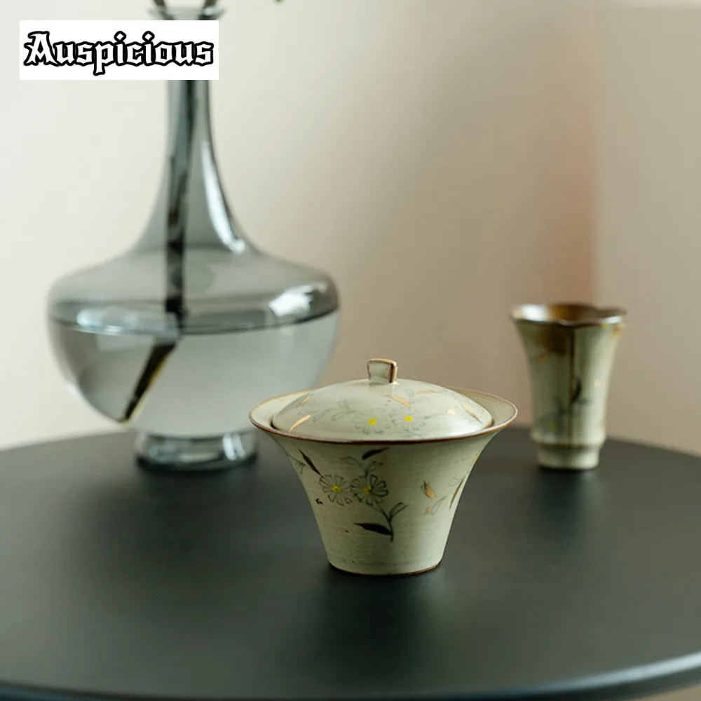 120ml Outline in Gold Tea Bowl Hand-painted Small Daisies Gaiwan Retro Tea Tureen Making Cover Bowl Ceremony Gift Kettle