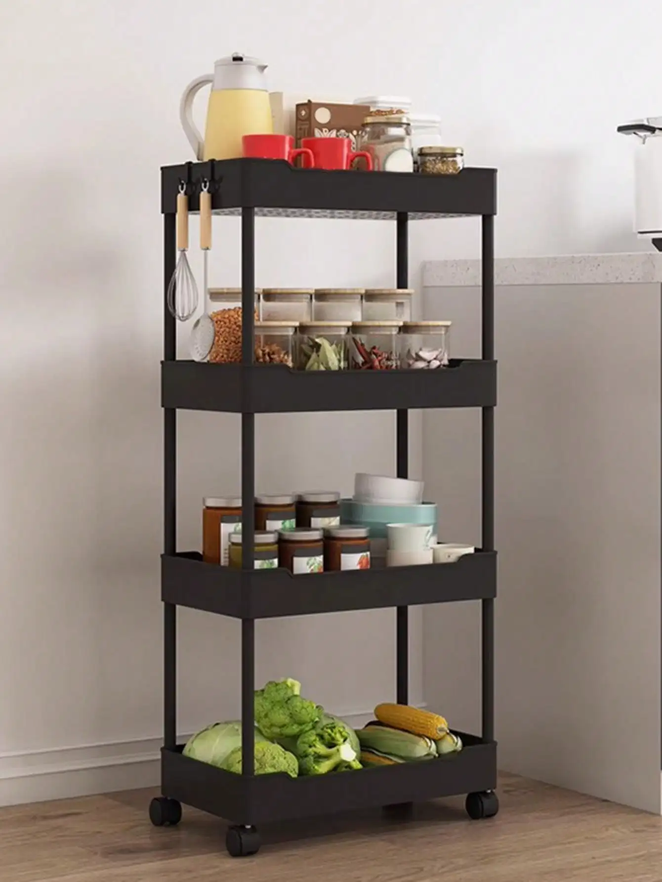 1pc Kitchen Bathroom Storage Rack 3/4 Tier Rolling Cart Storage Shelf Movable Gap Slim Slide Organizer Shelf Livingroom Rack 2