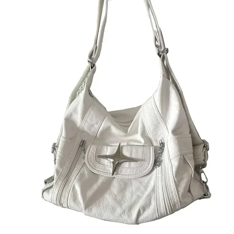 Y2k Large Capacity Shoulder Bag White Pu Leather Star Handbag American Style Punk Goth Fashion Simple Designer Handbag Tote Bag