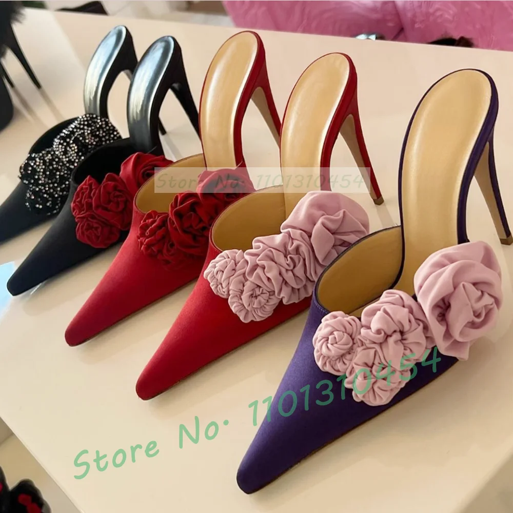 

Мюли женские с цветочной аппликацией, элегантные черные атласные туфли на высоком каблуке, роскошные шлепанцы, блестящие классические туфли для девушек