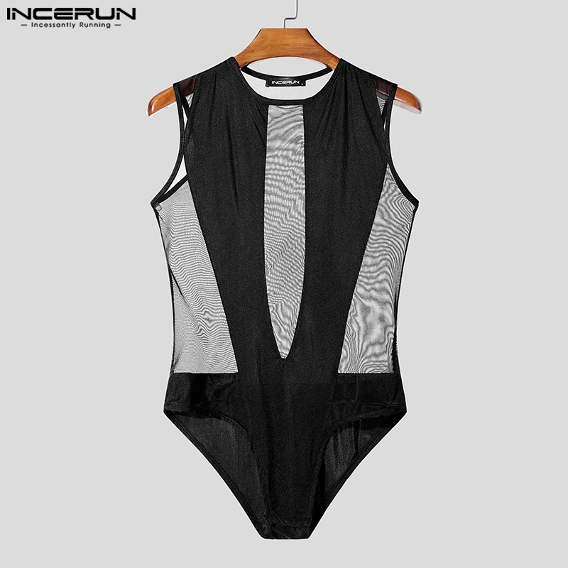 INCERUN American Style Sexy Bodysuits Men's See-through Patchwork Mesh Jumpsuit Stylish Casual Thin Homewear Sleeveless Jumpsuit Men Bodysuits Men Jumpsuits