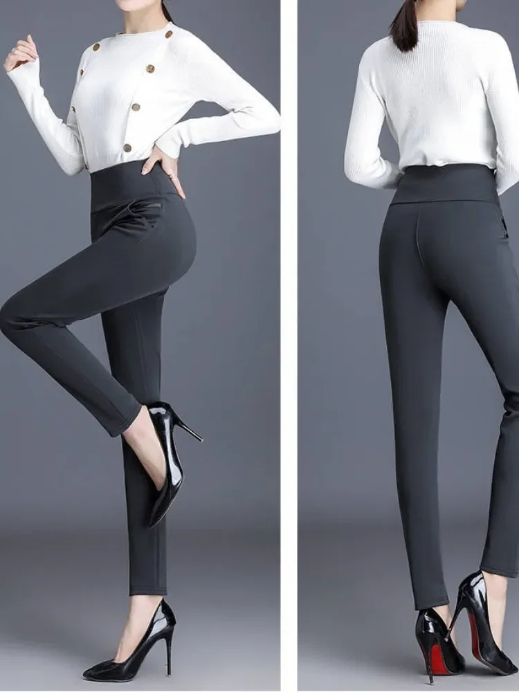 Woman Pant Leggings Fleece Pencil Pants OL Elegance Korean Style Warm High Waist Stretch Solid Skinny Slim Office Lady Trousers