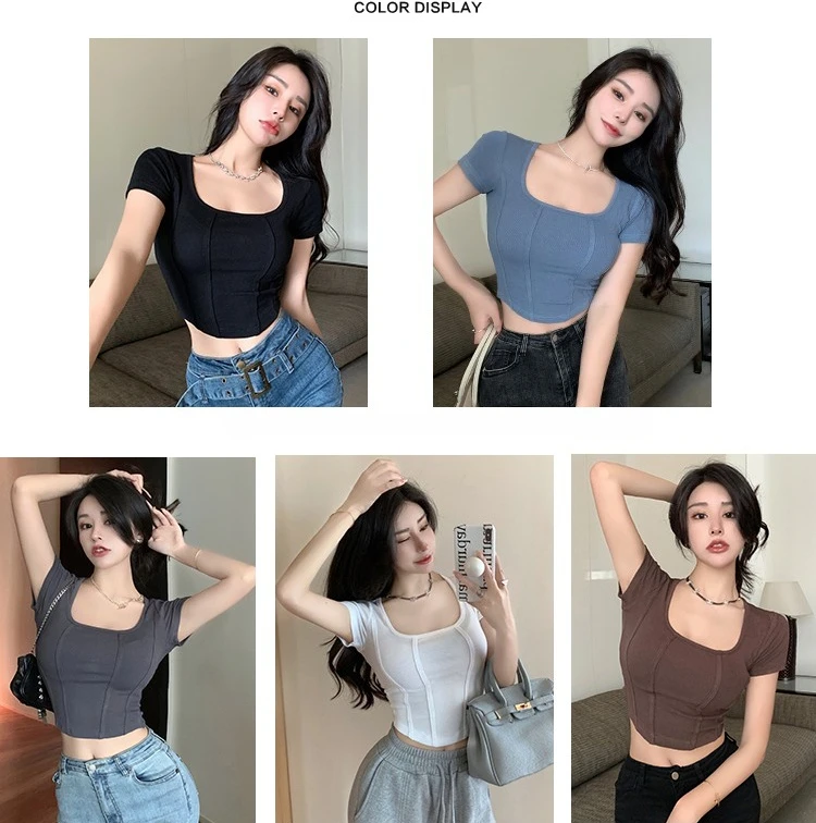 2026 Sommer Neuer Koreanischer Stil Damen T-Shirt Quadratischer Ausschnitt Fischgrätenmuster Slim Fit Kurzarm Crop Top Trendiges Vielseitiges Oberteil – Detail 4