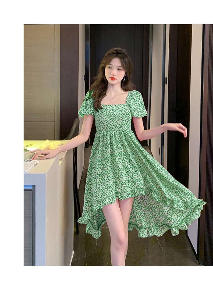 

2022 Floral Beach Dress Spring and Summer Elegant Square Collar Chiffon Dress Women Fashion Puff Sleeve Vacation Vestidos