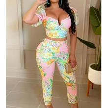 

Pink Floral Print Pants Sets Women 2021 Summer Casual Short Tops Sets 2 Piece Sets Outfits High Waist Pants Sets Camis Set