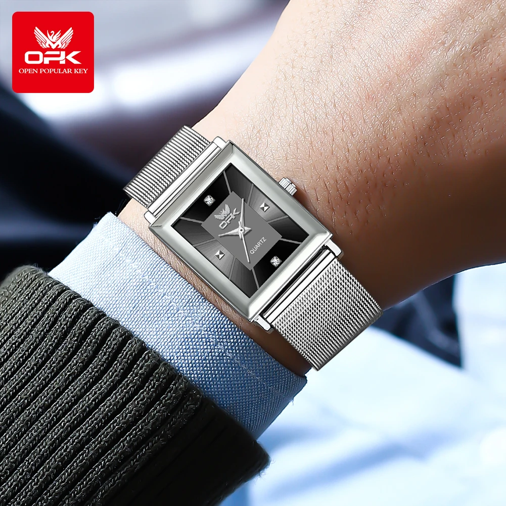 Orologio da polso da uomo al quarzo OPK casual in acciaio/maglia con quadrante rettangolare e scatola regalo_voghion.com