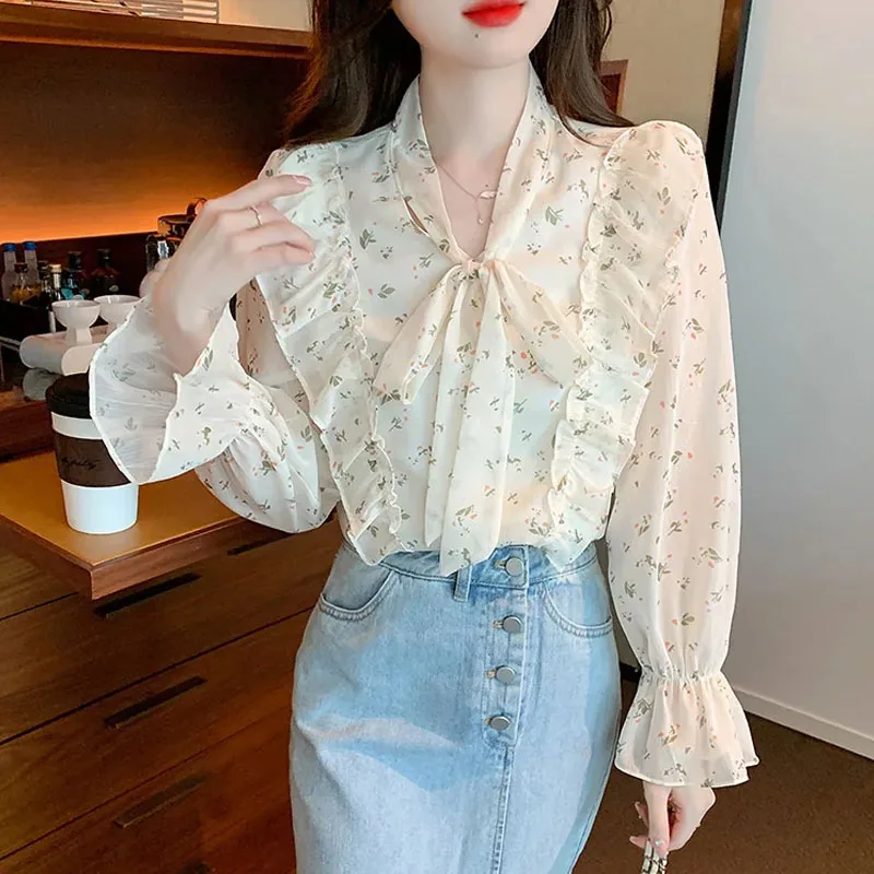

Long Sleeve Print Chiffon Blouse Shirt Women Tops Blusas Mujer De Moda 2024 Elegantes Ruffles Bow Collar Blouse Women Blusa G348