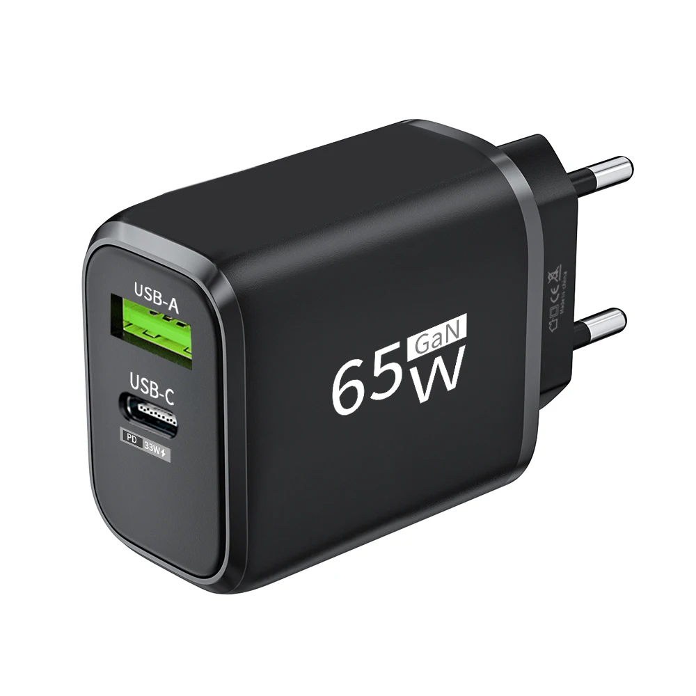 2 in 1 USB C GaN充電器 65W急速充電壁掛け電源アダプター 2ポートPD USB急速充電3.0ユニバーサルEU/USプラグ旅行用充電器