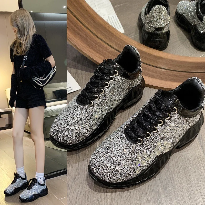 

Women Vulcanized Shoes Black Crystal Sports Shoes Women's Lace Up Shoes Luxurious Design New Fashion Platform Shoe