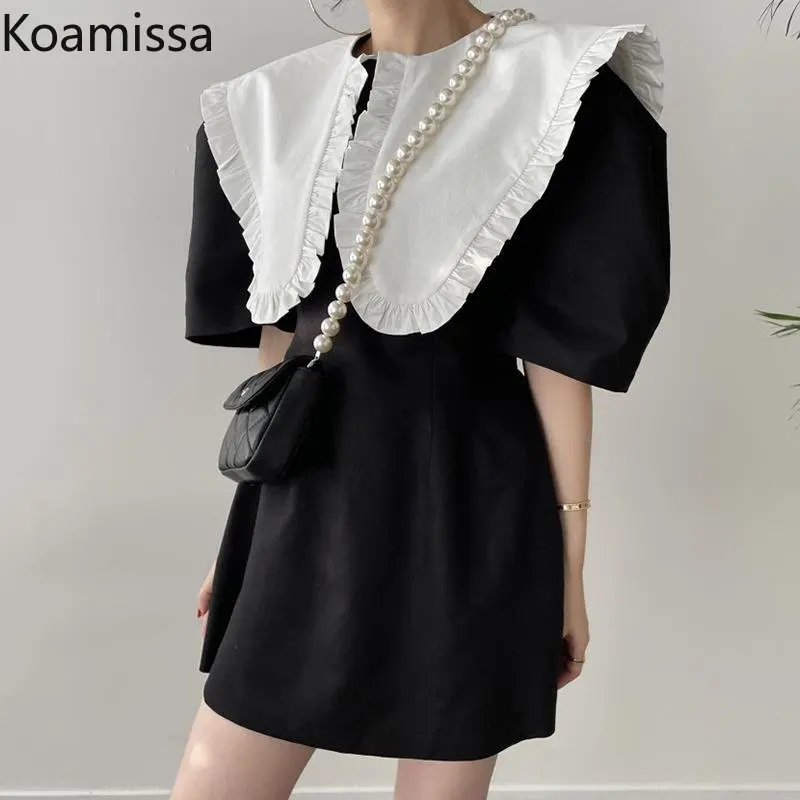 

Koamissa Chic Korean Women Mini Dress Fashion Turn-down Collar Slim A Line Dresses Laides Short Sleeve Vintage Vestidos De Mujer