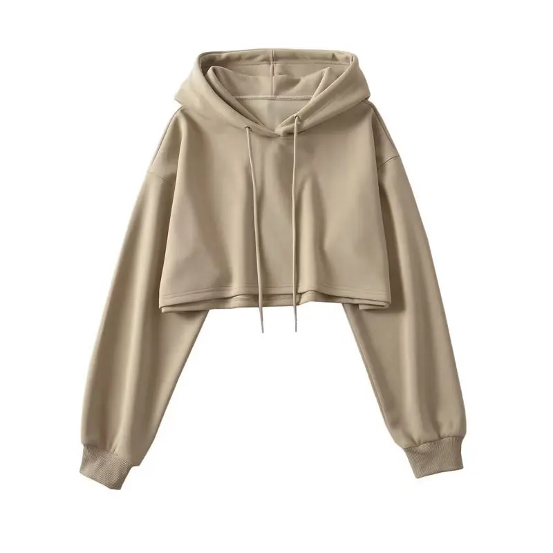 Sexy Short Hooded Sweatshirts Women Fashion Solid Color Long Sleeve Crop Tops Korean Streetwear Pullover Hoodies Female 5