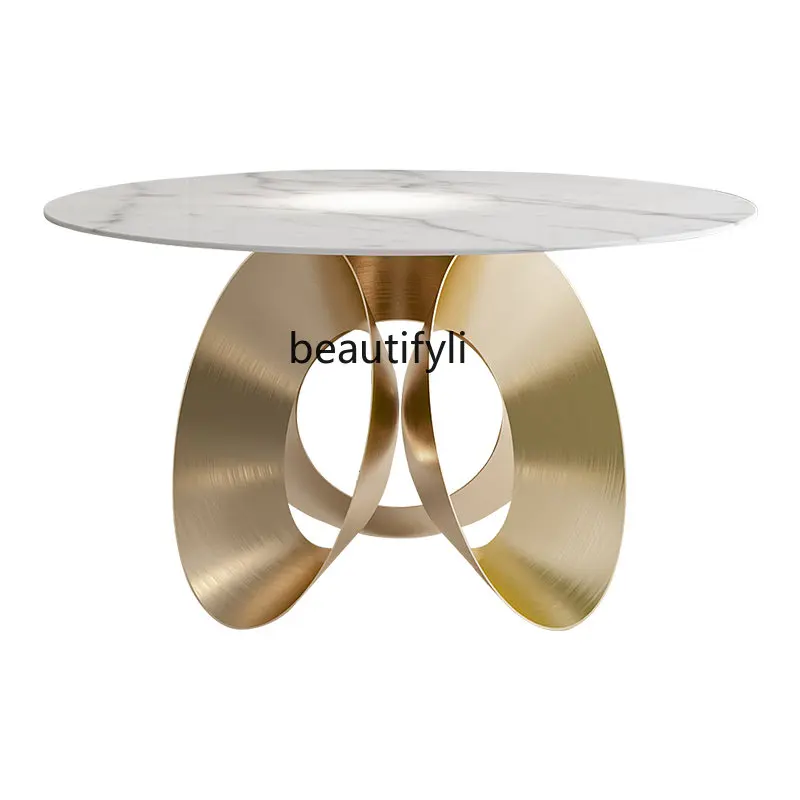 

Nordic Light Luxury Natural Jazz White Italian Minimalist Stainless Steel Villa High-End round Dining Table Top furniture