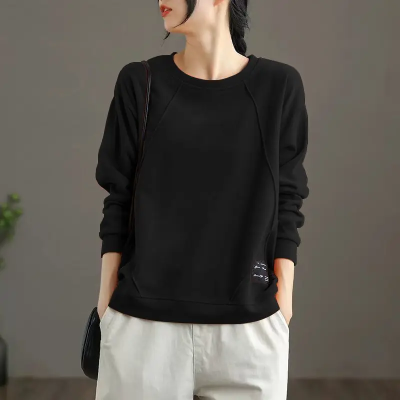 Women's Clothing Spring Autumn Appliques Casual Streetwear Cotton Sweatshirt Female O Neck Solid Long Sleeve Loose Pullover Tops