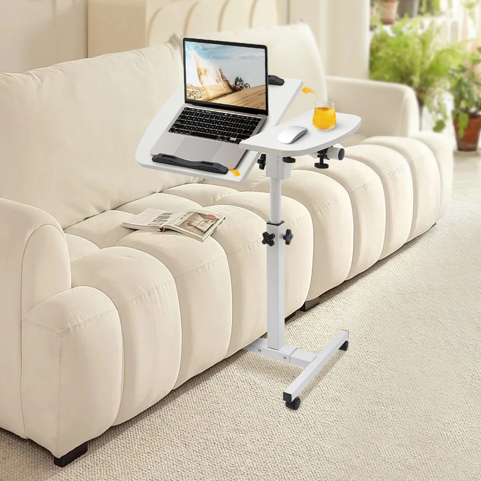 White MDF Carbon Steel Adjustable Laptop Desk Stand Bedside Desk Stand With 360° Swivel Wheels With Brake Function For Bedroom 2