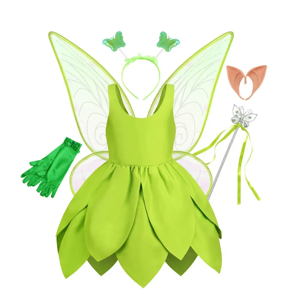 thumbnail image 1 of Vestido de hada Campanilla para niña, disfraz de elfo del bosque de fantasía, vestido de Campanilla de hojas verdes para niña, trajes de Halloween para niña, 1 of 5