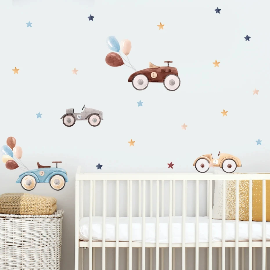 Watercolor Cartoon Car Balloon Stars Nursery Sticker Children Poster DIY Wall Decals Art Print Kids Bedroom Home Decor Wall Stickers