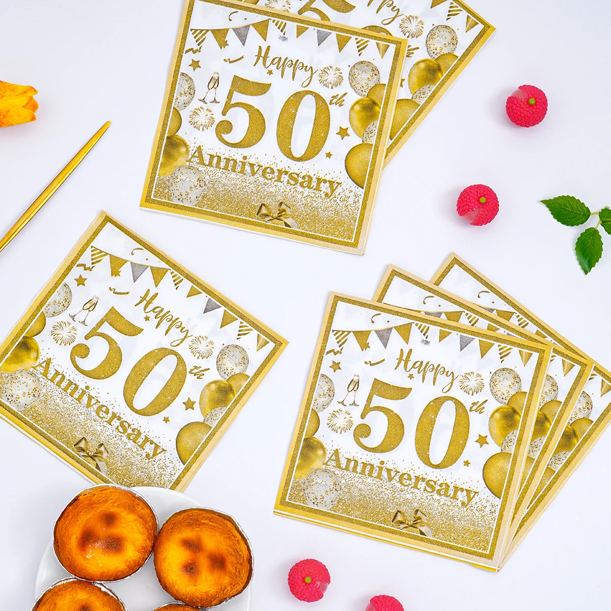 Disposable Paper Napkins Gold Anniversary Party Design White Gold 40/50/60/70 Years Disposable Dinner Napkin Confetti Balloon Flag Print Wedding Anniversary Table Supplies 2