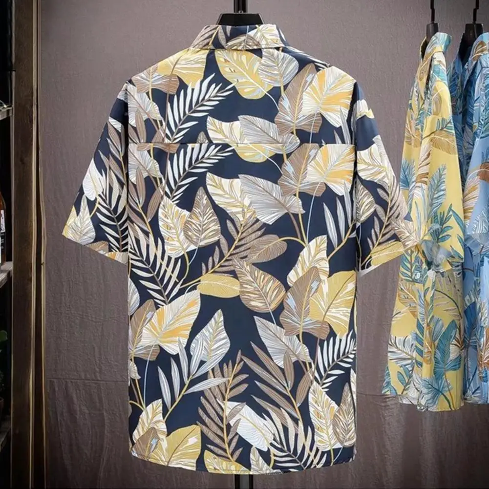 

Summer Men Shirt Leaf Print Short Sleeves Shirt Tropical Style Hawaii Loose Single-breasted Vacation Beach Top