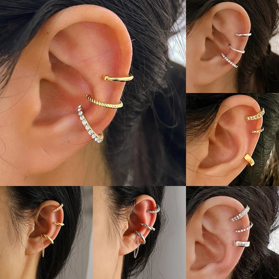 Clip Earrings 3Pcs Simple Crystal Ear Cuff For Women Teens Gold Silver Color Non Piercing Fake Cartilage Clip Earrings Set Fashion Jewelry