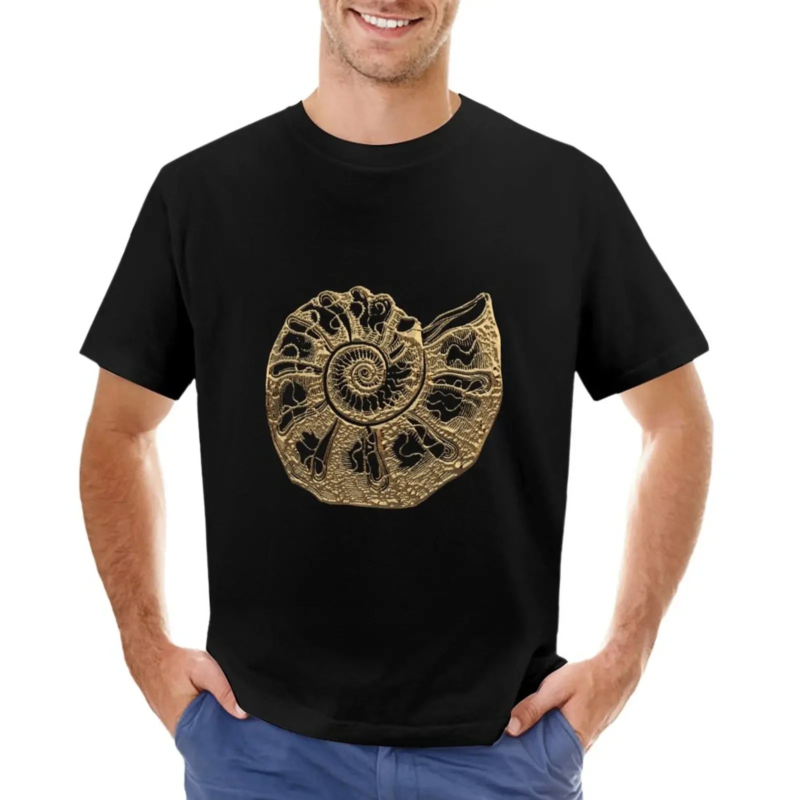 Fossil Record - Golden Ammonite Fossil On Square Black Canvas #4 T-Shirt Summer Top Camicetta Mens Graphic T-Shirt Anime