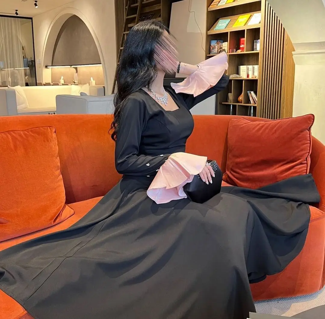 

Elegant Black Long Sleeves Prom Dresses Square Neck Pleated Ankle Length Party Dresses Evening Dresses