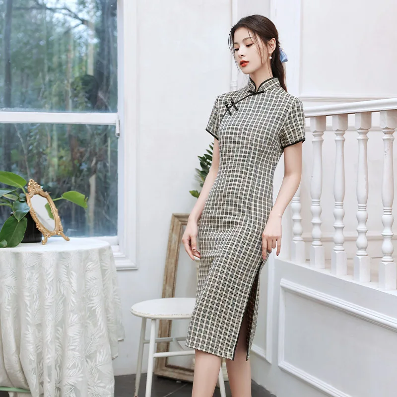 

Summer Improved Plaid Cheongsam Young Girls Literary Retro Mid-length Chinese Traditional Style Evening Dress Qipao for Women